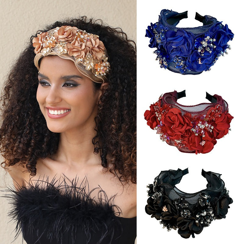 Fabric Flower Heavy Industry Wide Edge Crystal Super Immortal Women's Headband Headwear