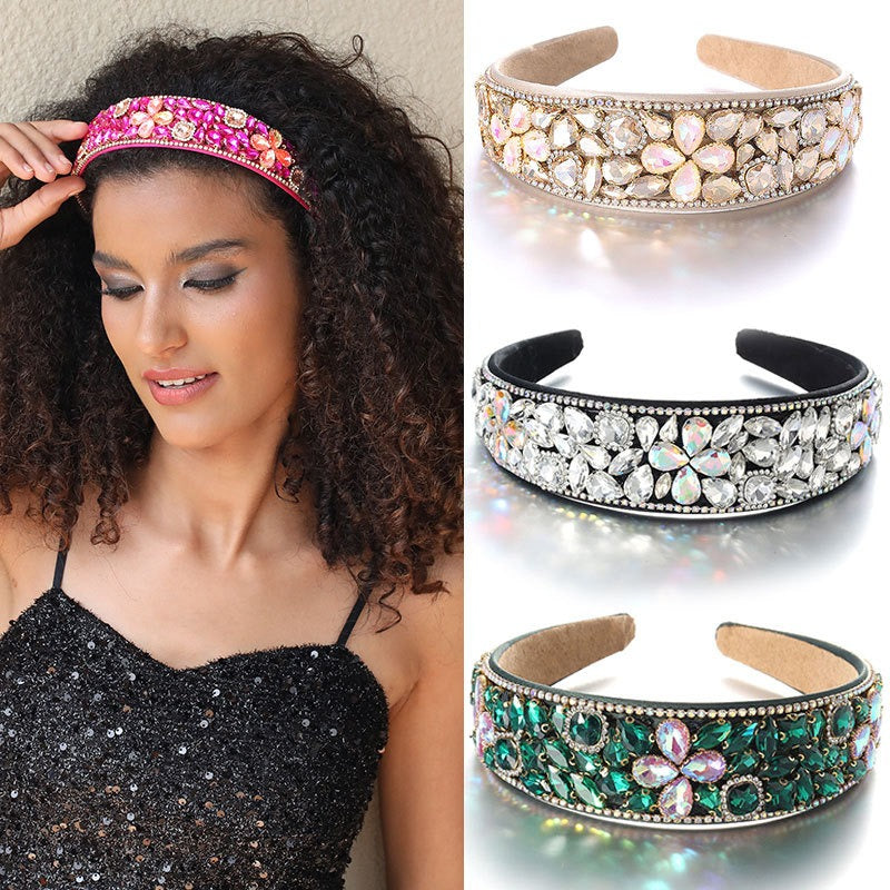Fashionable diamond inlaid four leaf clover Baroque retro full inlaid rhinestone sponge headband