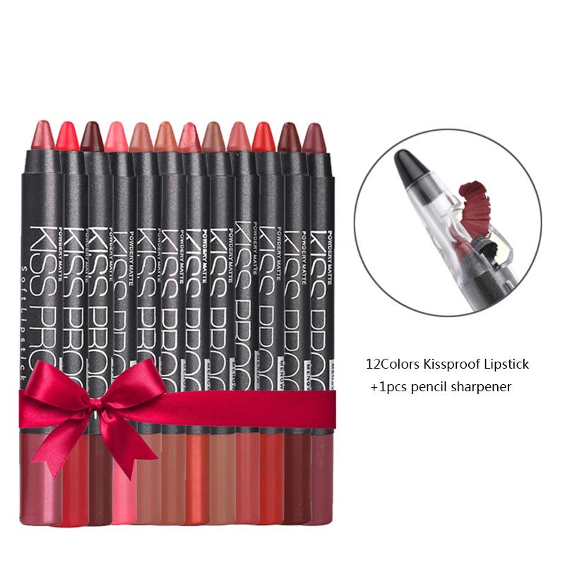 Menow 12 Color/Pack KISS PROOF Sexy Beauty Waterproof Lipstick Pen Lasting Do Not Fade Lipstick Gift 1Pcs Pencil Sharpener 4186
