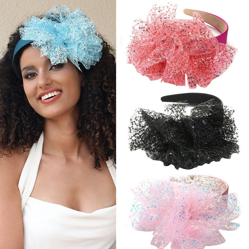 Solid color sequin flower wide edge girl style mesh headband