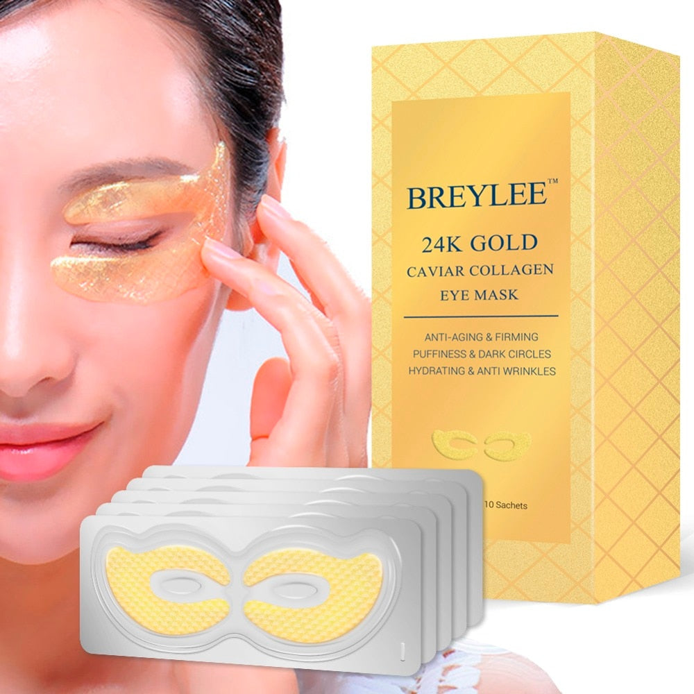 BREYLEE 24K Gold Eye Mask Caviar Collagen Essence New Style Eye Patch Anti Aging Remove Wrinkle Sheet Mask Eye Skin Care 10pairs