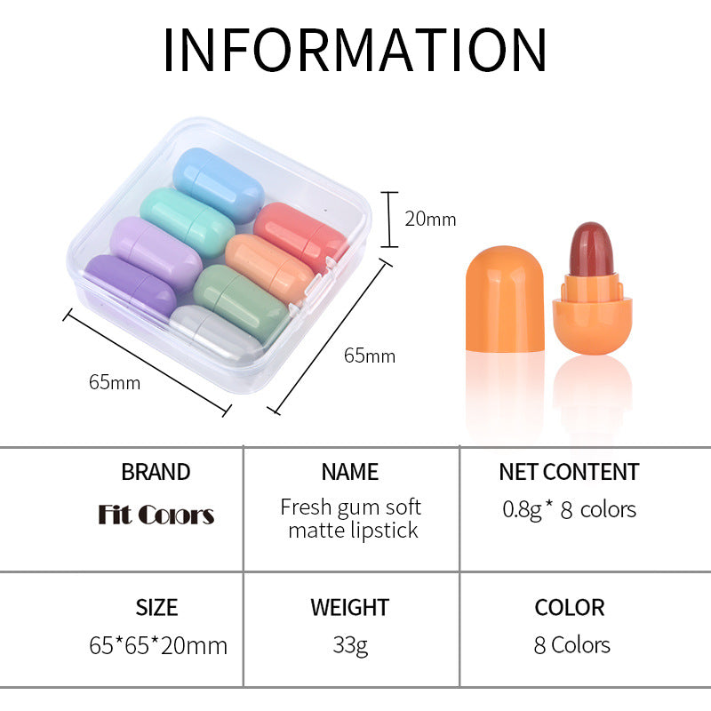 Fit Colors 8 Colors Chewing Gum Small Lipstick Matte Velvet Non-Stick Cup Mini Capsule Lipstick Set