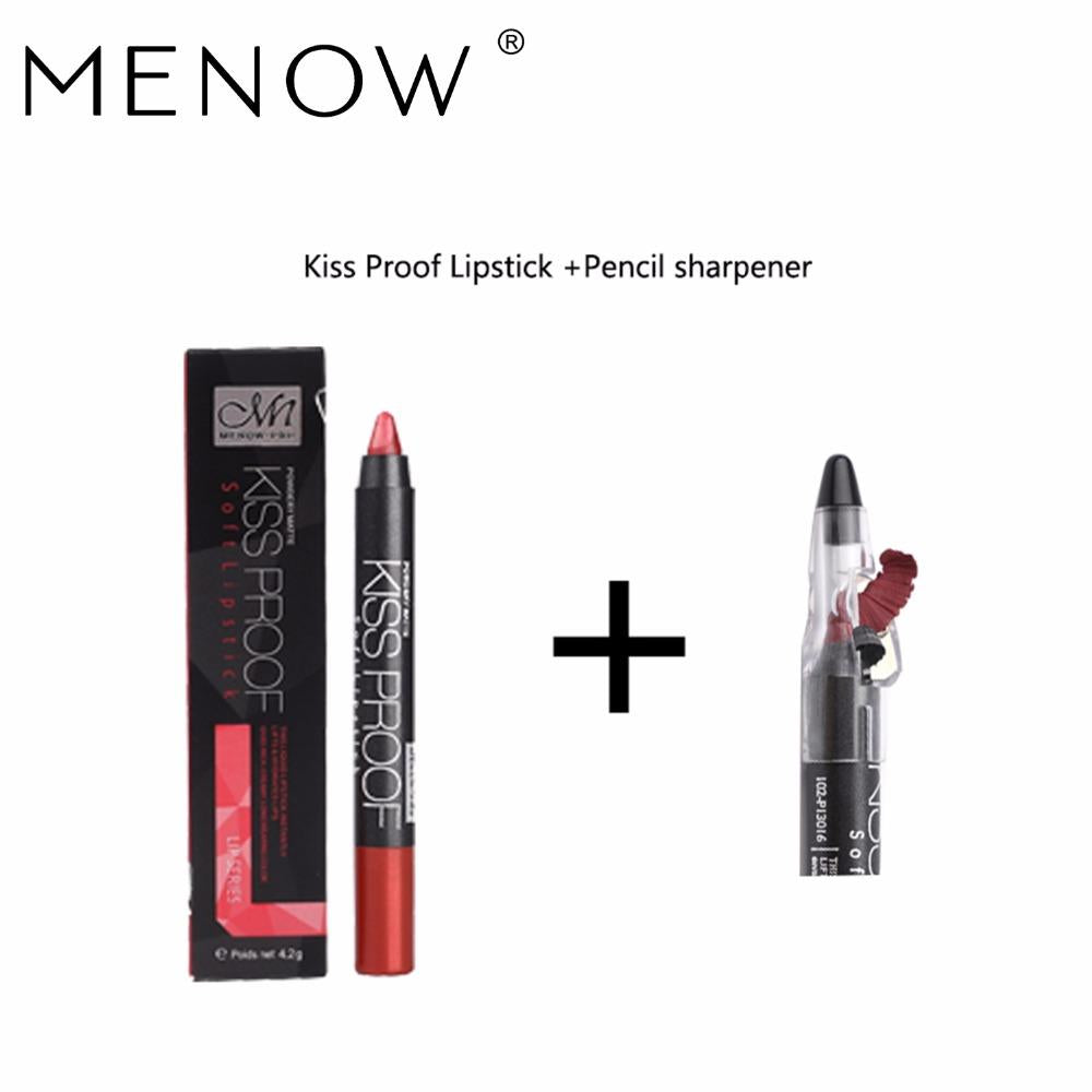 Menow 19 Color KISS PROOF Sexy Beauty Waterproof Lipstick Pen Lasting Do Not Fade Lipstick Gift 1Pcs Pencil Sharpener P13016
