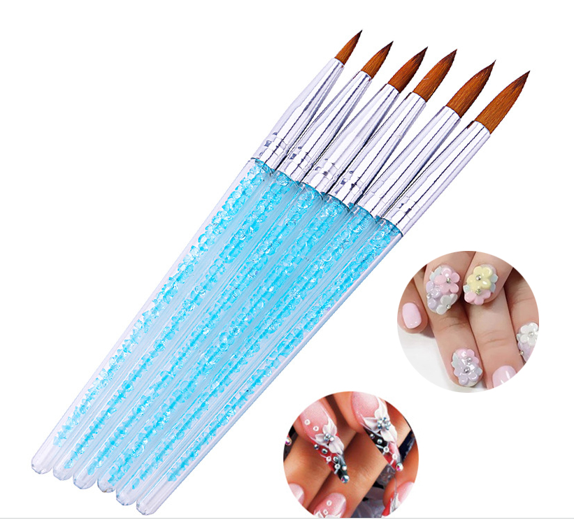 6Pcs/set Nylon Hair Nail Brush Blue Rhinestone Handle Kolinsky Acrylic Brush Pen Nail Gel Carving Building Dotting Drawing Tools