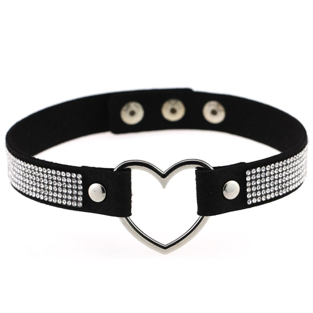 Japan's Harajuku Soft Girl Black Rhinestone Peach Heart Love-Shaped Collar Women's Neck Strap Collarbone Necklace Short