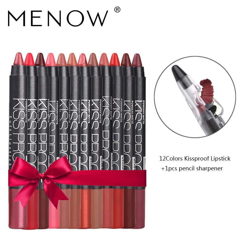 Menow 12 Color/Pack KISS PROOF Sexy Beauty Waterproof Lipstick Pen Lasting Do Not Fade Lipstick Gift 1Pcs Pencil Sharpener 4186