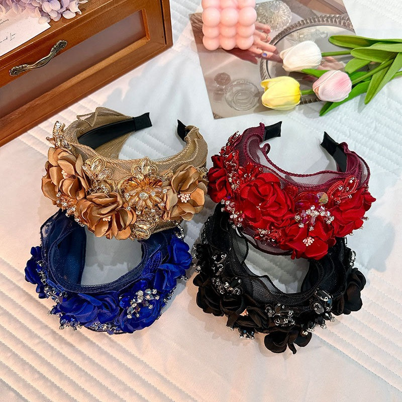 Fabric Flower Heavy Industry Wide Edge Crystal Super Immortal Women's Headband