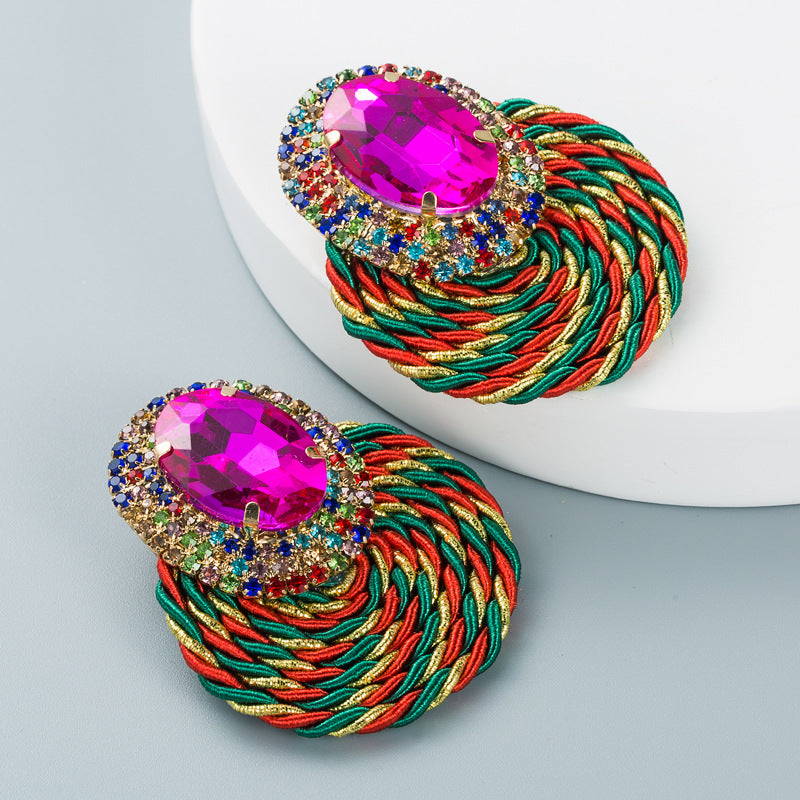 European And American Style Colored Diamond Series Personality Exaggerated Oval Glass Diamond Earrings Handmade Line Braided Earrings
