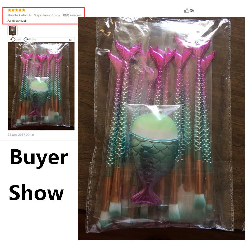 11PCS Pro Mermaid Makeup Brushes Foundation Eyebrow Eyeliner Blush Powder Cosmetic Concealer