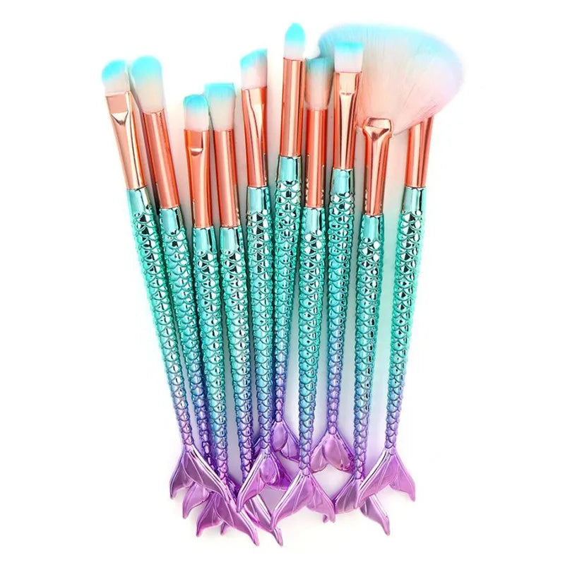 11PCS Pro Mermaid Makeup Brushes Foundation Eyebrow Eyeliner Blush Powder Cosmetic Concealer
