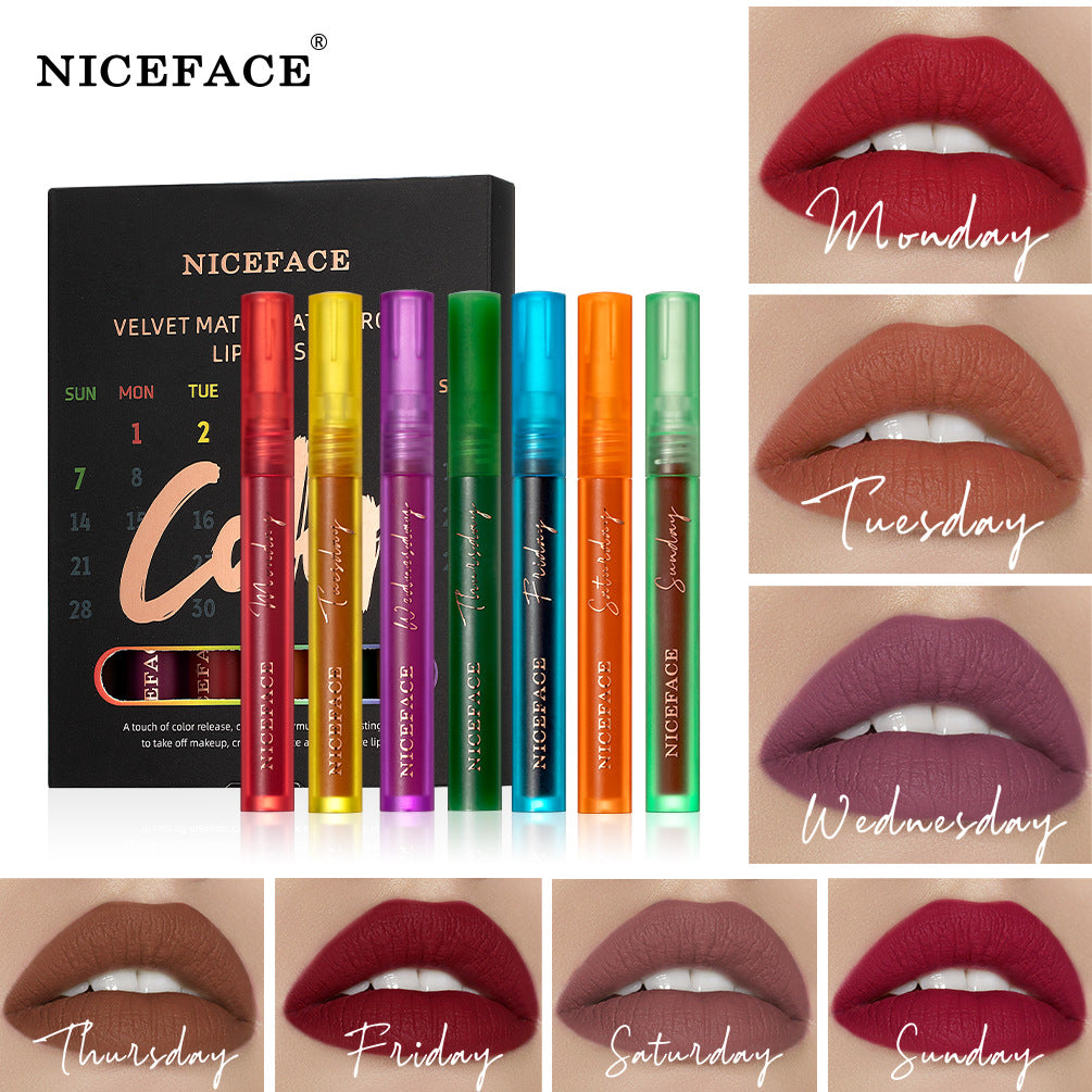 Niceface Weekly Lip Gloss 7 Sticks Lip Gloss Velvet Matte Lip Gloss Set Matte Non-Stick Cup Waterproof Makeup