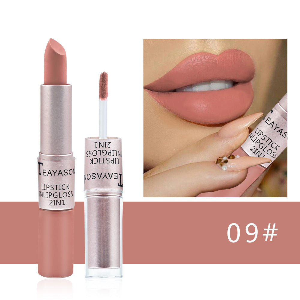 Double-Headed Non-Stick Cup Matte Matte Lip Gloss Two-In-One Matte Bean Paste Does Not Fade With Cup Lipstick Female