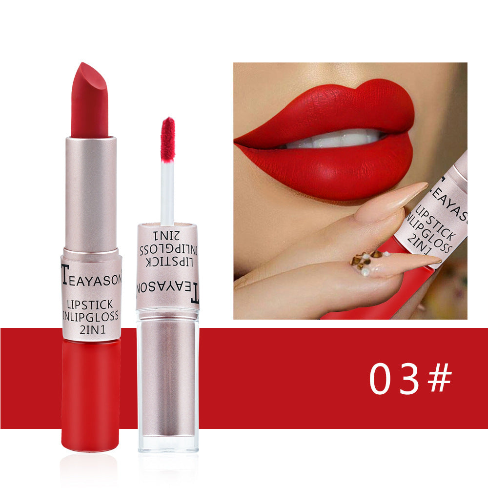 Double-Headed Non-Stick Cup Matte Matte Lip Gloss Two-In-One Matte Bean Paste Does Not Fade With Cup Lipstick Female