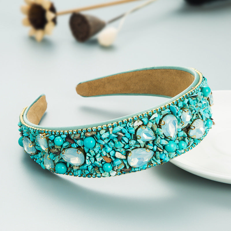 Personalized Design Colorful Turquoise Diamond Inlaid Wide Edge Fabric Candy Colored Headband Temperament Headwear