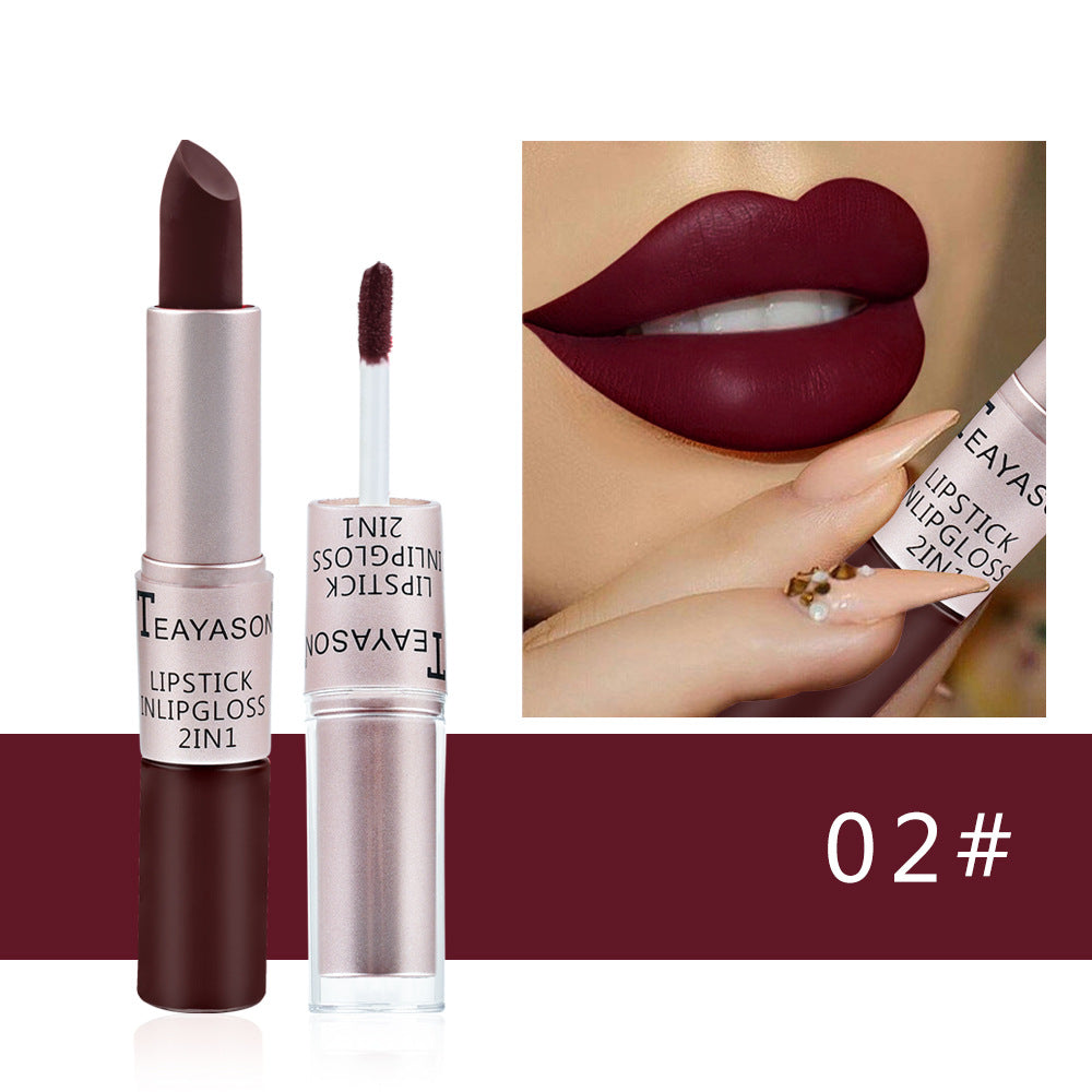 Double-Headed Non-Stick Cup Matte Matte Lip Gloss Two-In-One Matte Bean Paste Does Not Fade With Cup Lipstick Female