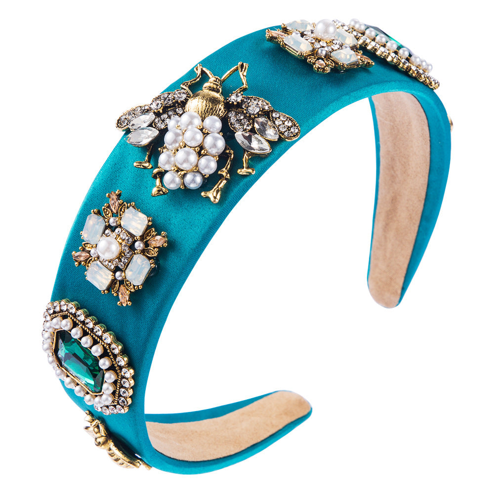 Creative Baroque Headband With Rhinestones Pearl Headband Bee Colorful Fabric Garland Headgear