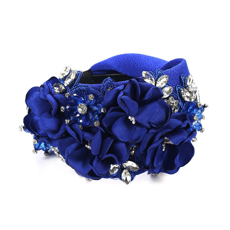 Handmade fabric three-dimensional flower embroidery hair hoop with rhinestone heavy work headband
