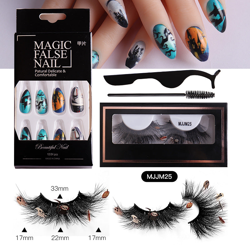 Halloween False Eyelashes Europe And America Multi-Layer Thick Messy Mink Hair Nail And Eyelash Set