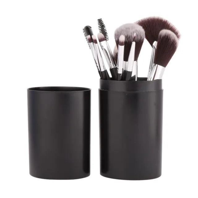 12Pcs/Sets Eye Shadow Foundation Eyebrow Lip Brush cosmetics Makeup Brushes Tool Leather Cup Holder Case Kit