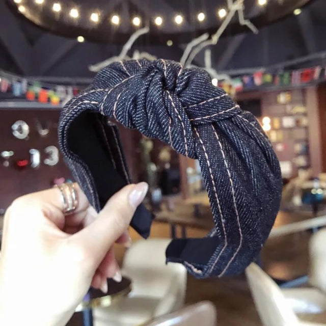 New Fashion Denim Hairband Wide Side Headband Center Knot Headwear Soft Turban Hair Accessories