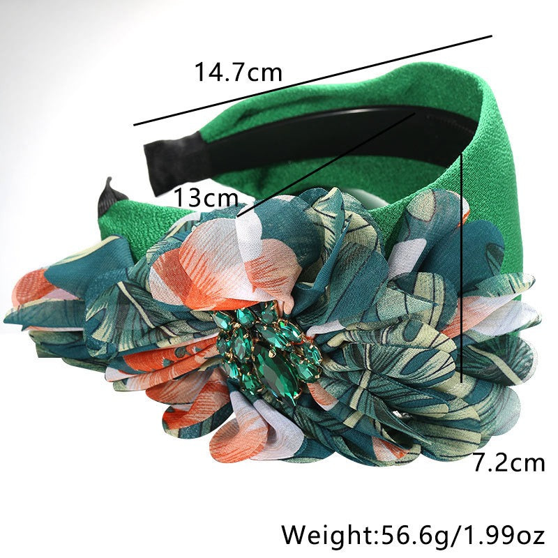 Handmade diamond inlaid fabric flower with teeth and anti slip exaggerated headband for women