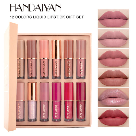 HANDAIYAN 12 Color Book Lip Gloss Set Liquid Lipstick Set Matte Pearlescent Non-Stick Cup Lip Glaze