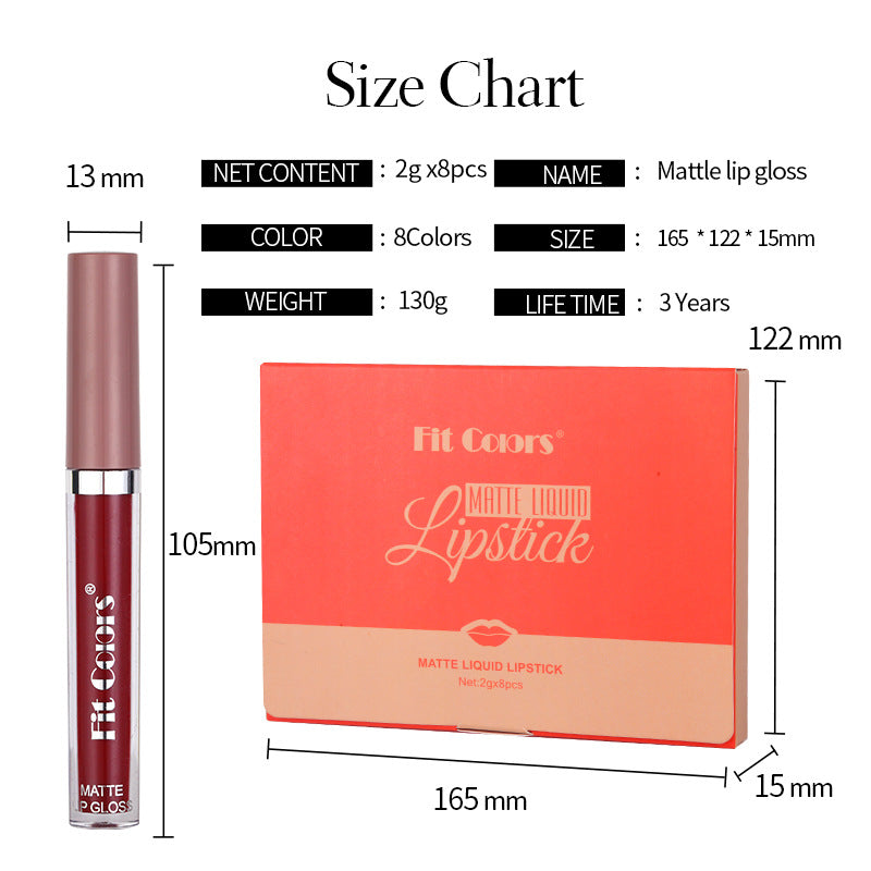 Fit Colors Matte Non-Stick Cup Lip Gloss Not Easy To Fade Matte Liquid Thin Tube Lipstick 8 Color Set Box