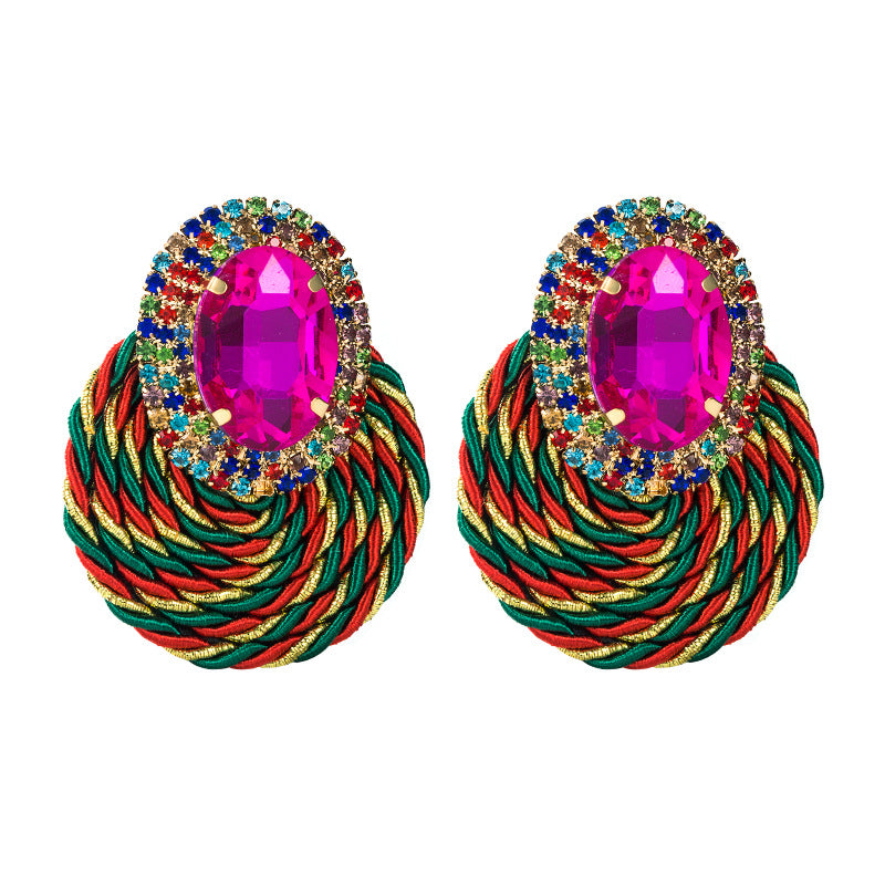 European And American Style Colored Diamond Series Personality Exaggerated Oval Glass Diamond Earrings Handmade Line Braided Earrings
