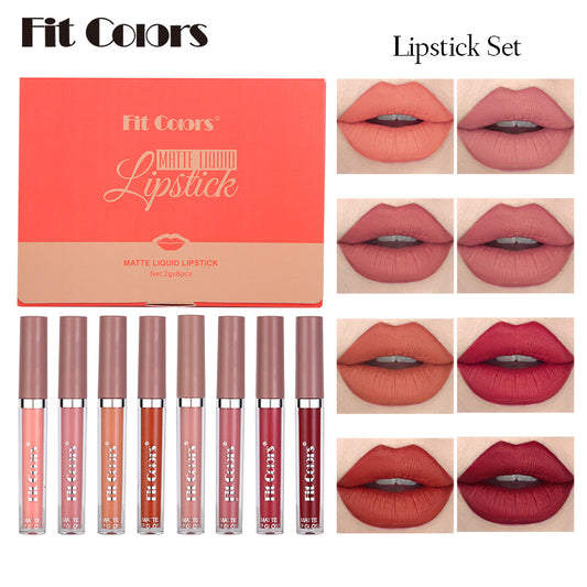 Fit Colors Matte Non-Stick Cup Lip Gloss Not Easy To Fade Matte Liquid Thin Tube Lipstick 8 Color Set Box