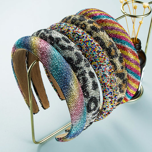 Hair Hoop Retro Baroque Starry Rhinestone Sponge Head Hoop Personality Wide-Brimmed Leopard Print Banquet Headwear Hairpin