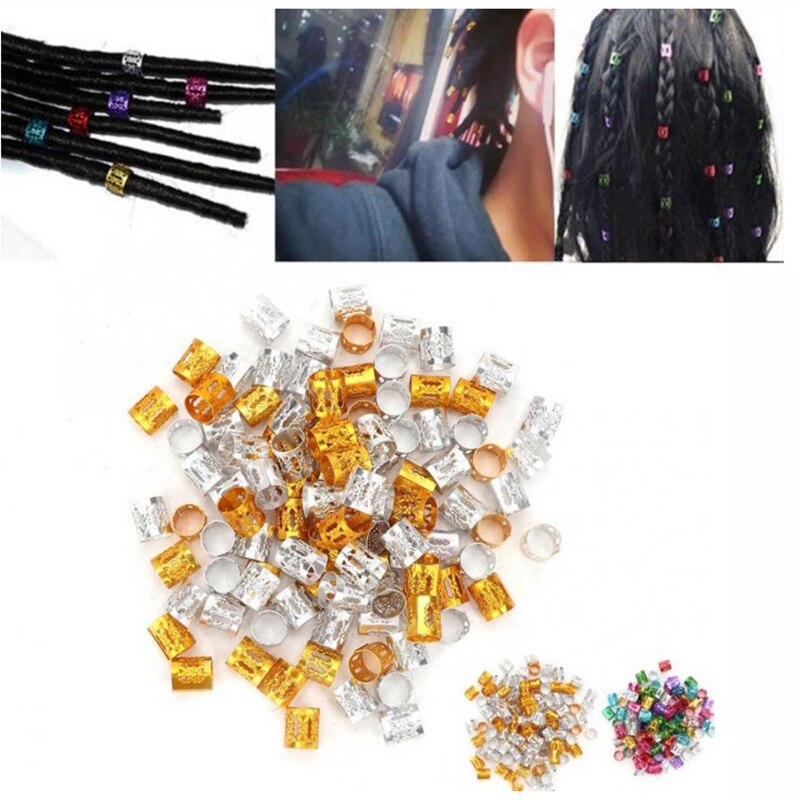 100 Pcs/set 7 Colors Mixed Beads Adjustable Hair Braids Dreadlock Beads Adjustable Hair Braid Rings Cuff Clips Tubes Jewelry