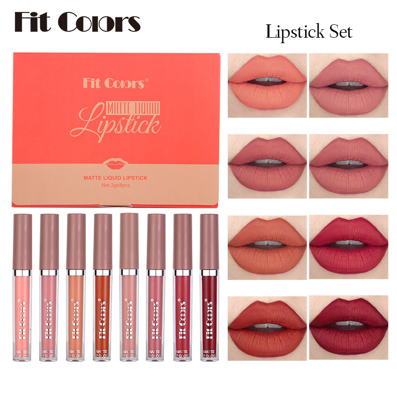 Fit Colors Matte Non-Stick Cup Lip Gloss Not Easy To Fade Matte Liquid Thin Tube Lipstick 8 Color Set Box