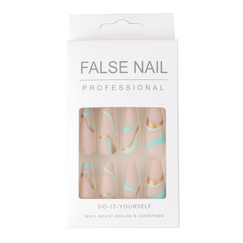 Gold Line Wave Pattern Long Ballet Nail Printed Gold Frosted Manicure Ins Matte Pop Style Contrast Color Wearing Nail