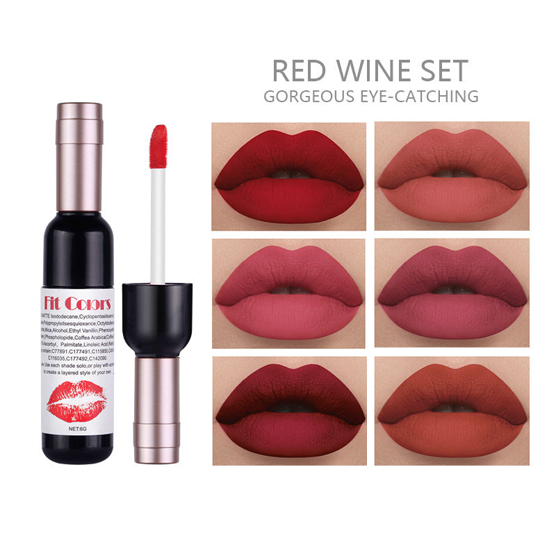 Fit Colors Red Wine Bottle Non Stick Cup Matte Lip Gloss Fog Face Velvet Lip Gloss Liquid Lipstick 6 Pcs Set