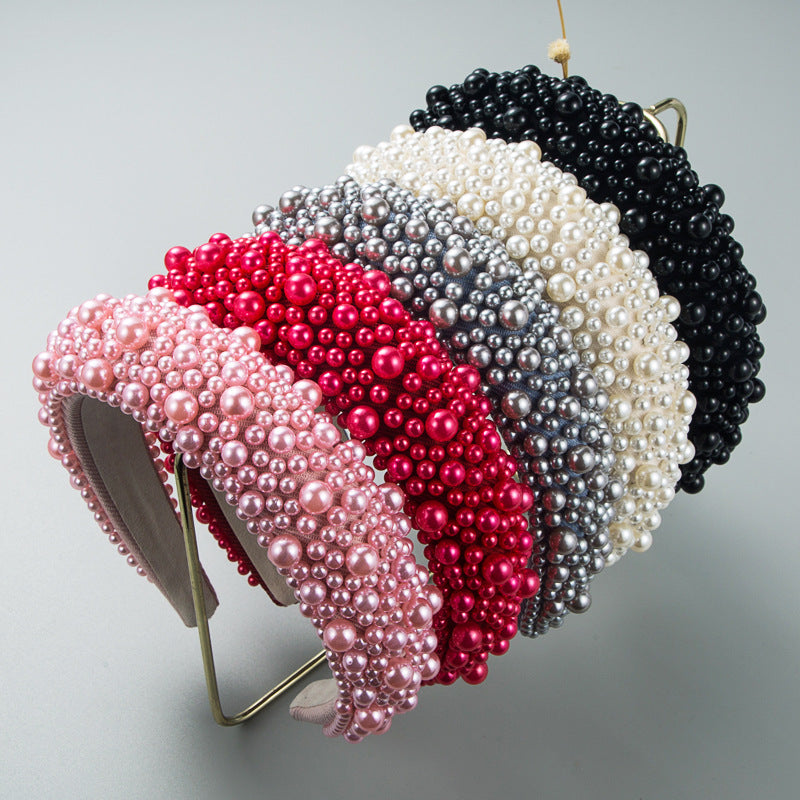 Hair Hoop Baroque Sponge Pearl Hair Accessories Women's Handmade Beaded Multicolor European and American Broad-brimmed Headband