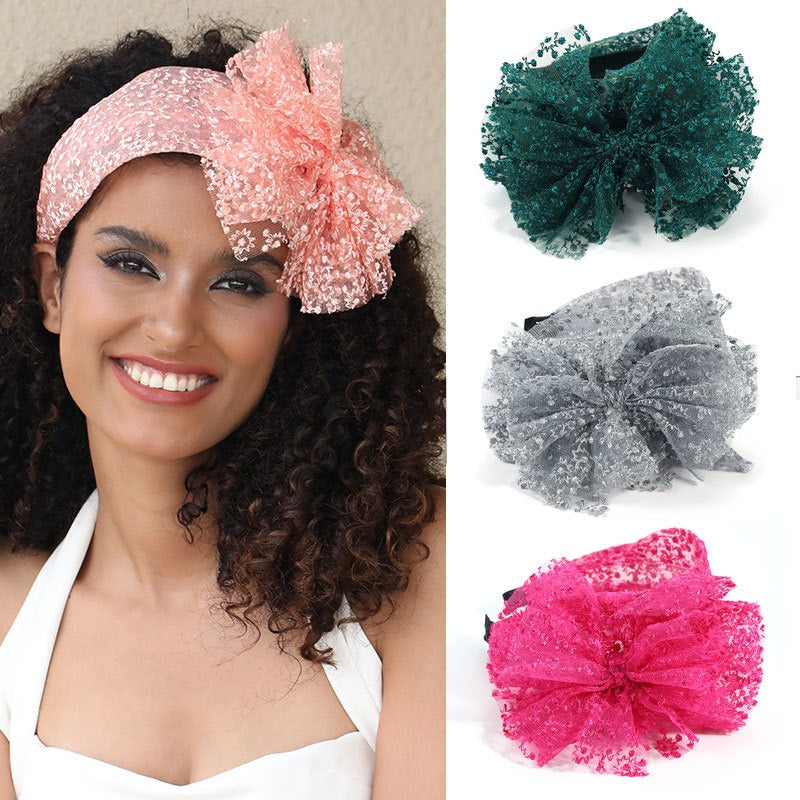 Fashionable oversized solid color lace bow headband