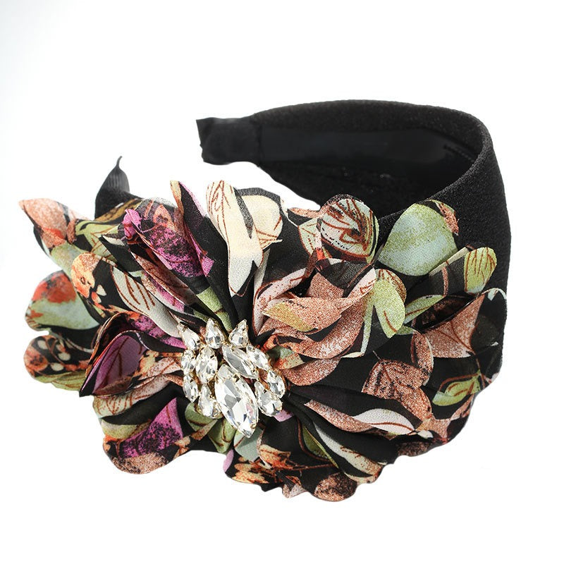 Handmade diamond inlaid fabric flower with teeth and anti slip exaggerated headband for women