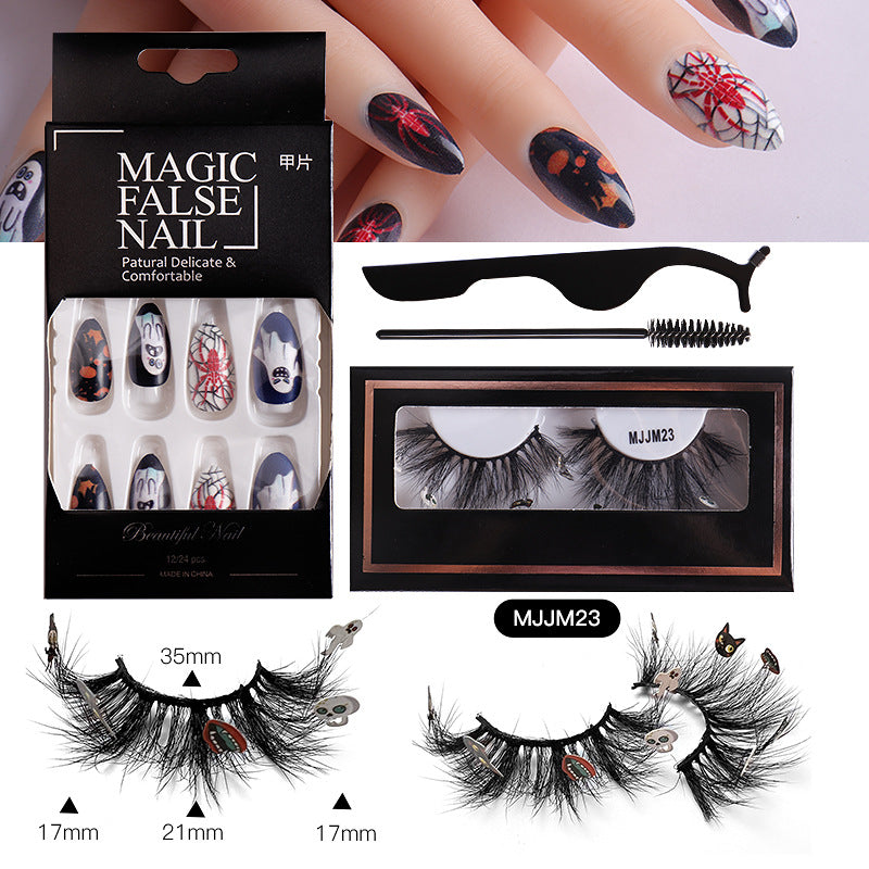 Halloween False Eyelashes Europe And America Multi-Layer Thick Messy Mink Hair Nail And Eyelash Set