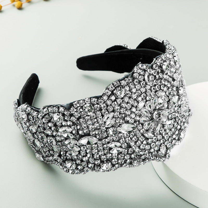 New Oversized Exaggerated Gypsophila Color Rhinestone Wide-Brimmed Headband Female Net Celebrity Fabric Personality Headwear