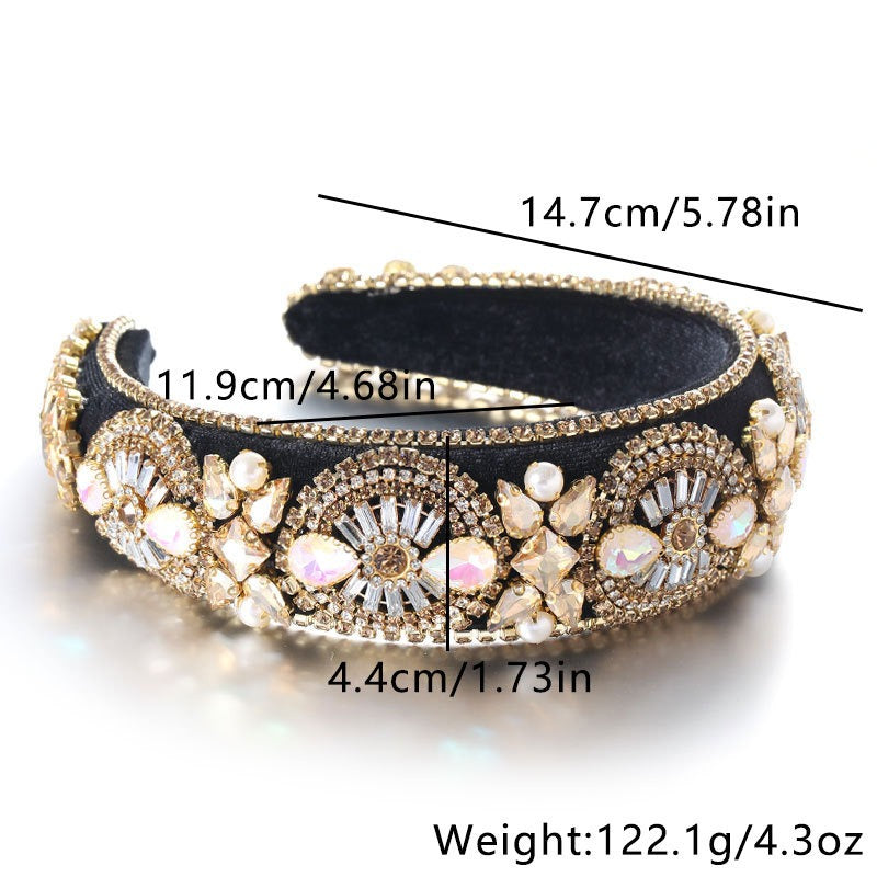 Super Sparkling Diamond Pearl Hair Hoop Baroque Retro Women's Sponge Head Hoop Headpiece