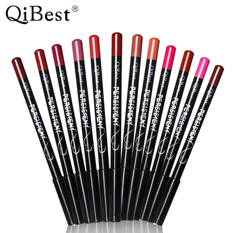 Qibest Fashion Black Rod Waterproof 12 Colors Lip Liner Lipstick Pen