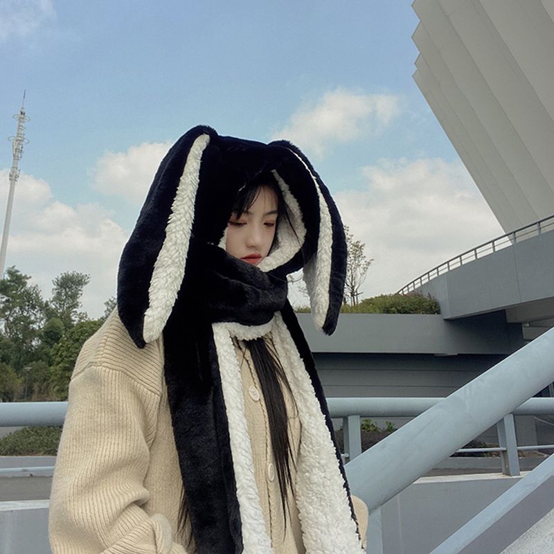 new Fashion Scarf Hat Glove 3 Piece Women cute Big Ear Bunny  Winter Warm Soft Thickening Pocket Hats  Hooded