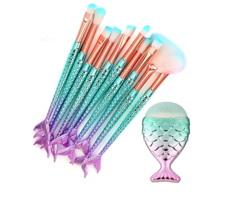 11PCS Pro Mermaid Makeup Brushes Foundation Eyebrow Eyeliner Blush Powder Cosmetic Concealer