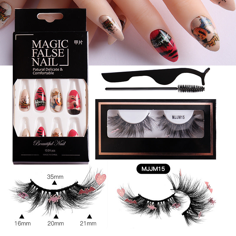Halloween False Eyelashes Europe And America Multi-Layer Thick Messy Mink Hair Nail And Eyelash Set
