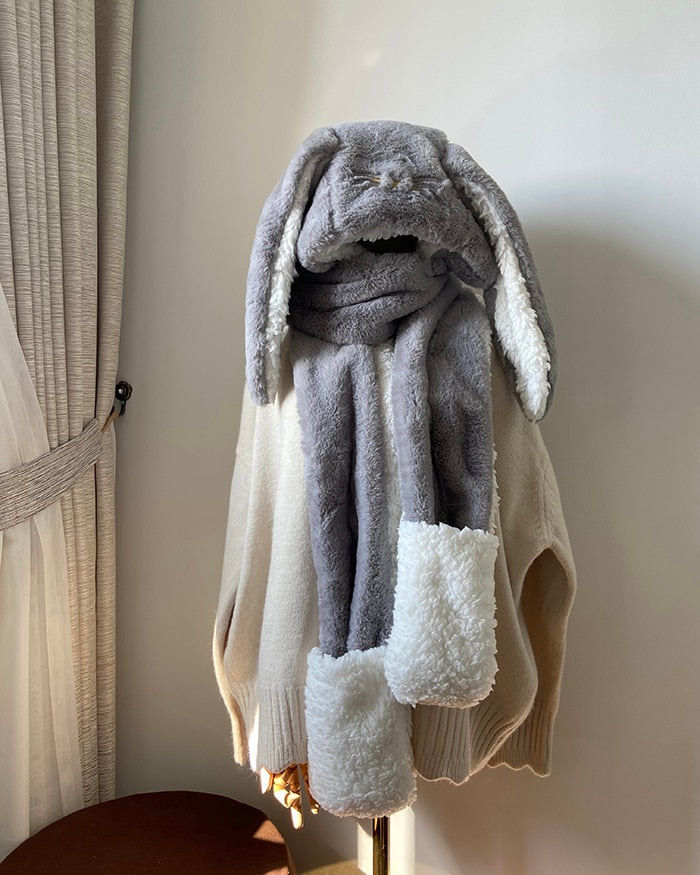 new Fashion Scarf Hat Glove 3 Piece Women cute Big Ear Bunny  Winter Warm Soft Thickening Pocket Hats  Hooded