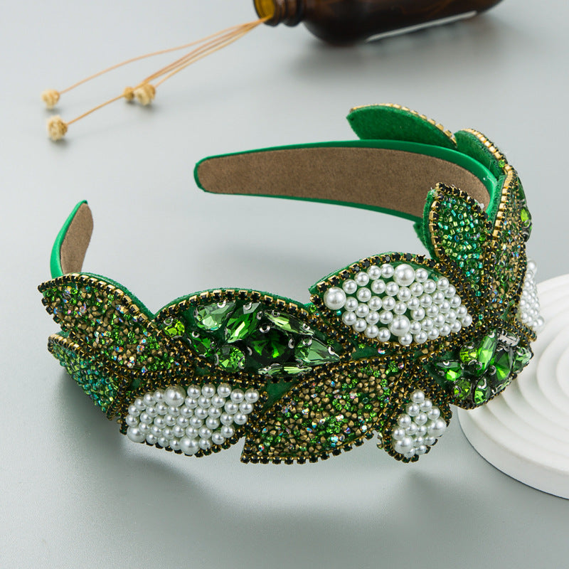 Headband Fashion Ball Rhinestone Pearl Leaf-Shaped Baroque Headband Exaggerated Wide-Brimmed Hair Accessories