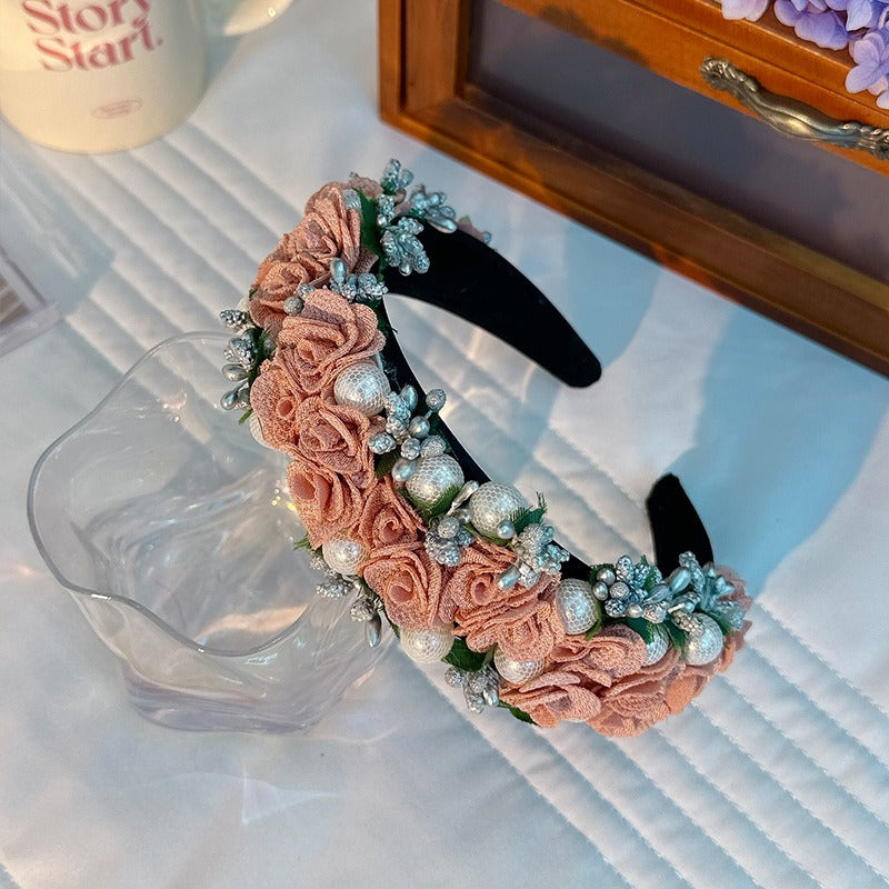 Fashionable Baroque Fabric Rose Pearl Flower Headband