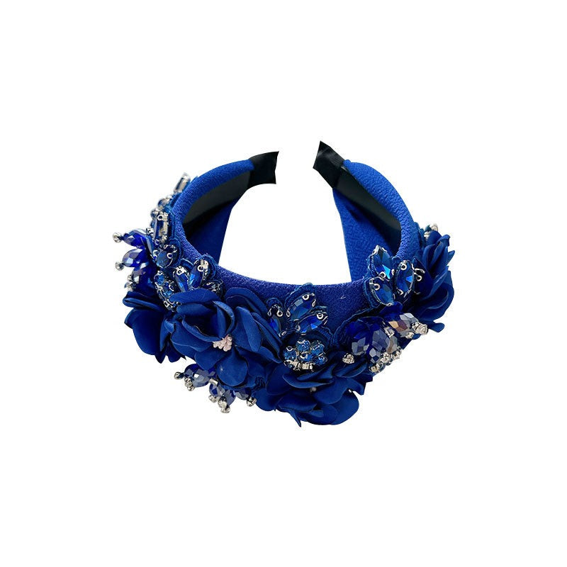 Solid color fabric flower oversized wide edged crystal headband