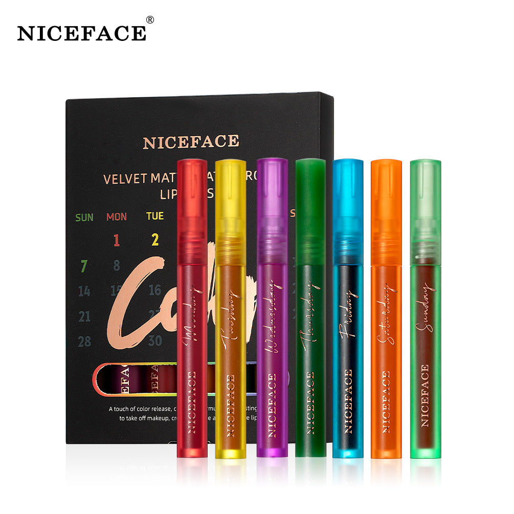 Niceface Weekly Lip Gloss 7 Sticks Lip Gloss Velvet Matte Lip Gloss Set Matte Non-Stick Cup Waterproof Makeup