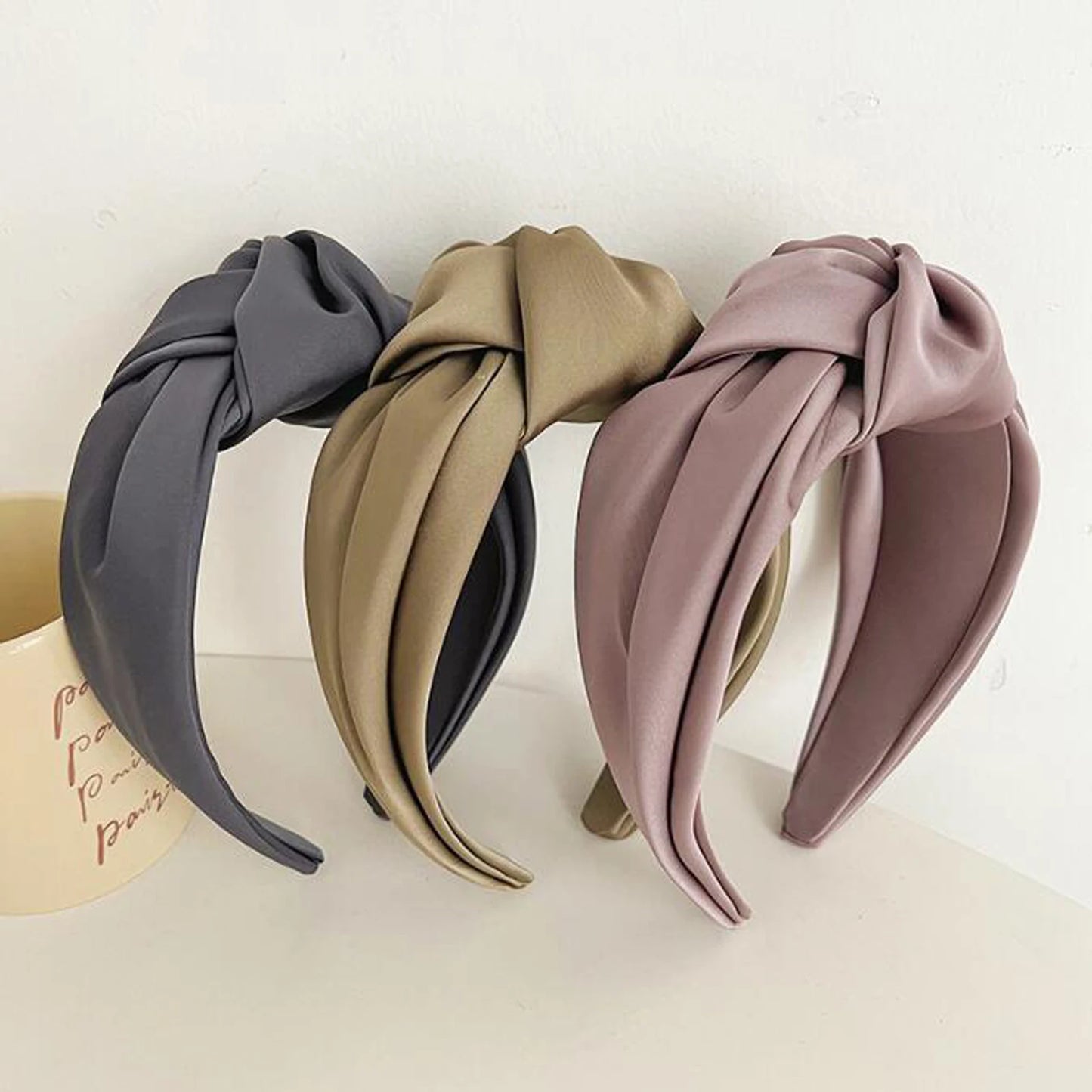 Fashionable knot wide edge satin fabric headband